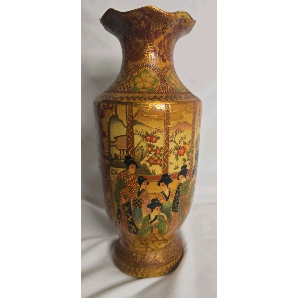 Vintage Asian Satsuma-Style Porcelain Vase Hand-painted Geisha Figures 1960s-80s